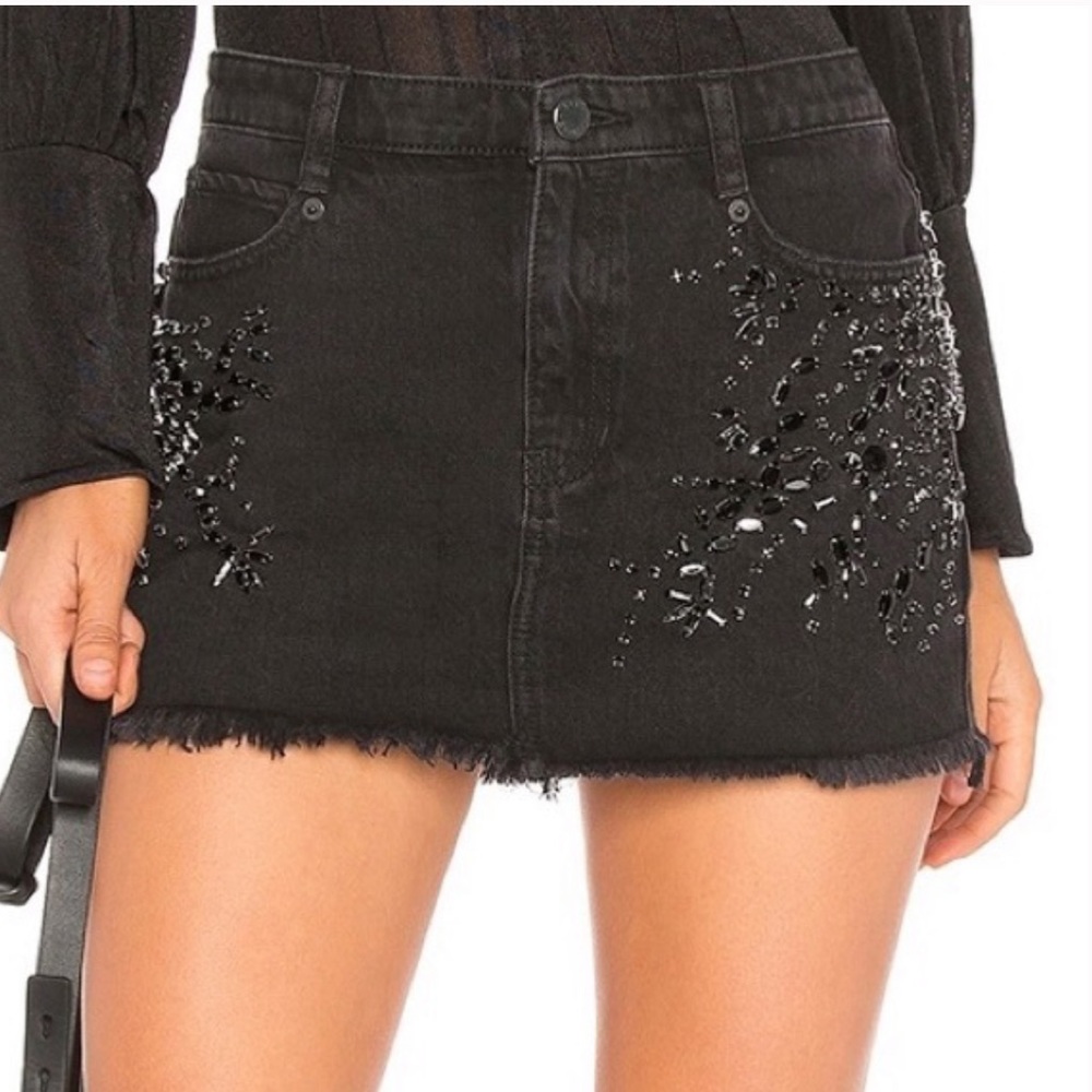 Free People Rhinestone Denim Frayed Mini Skirt
